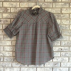 LOFT Plaid Blouse - Black, White, Red, Smocked Ruffle Neck Seersucker - M